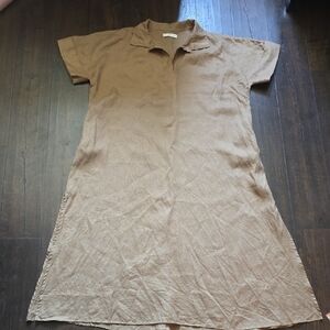 Mango Casual Short Sleeve Linen Tunic Dress — Tan